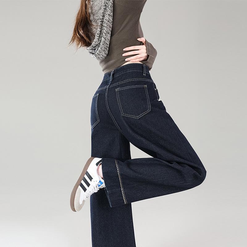 

2026 Slimming High-Waisted Dark Blue Straight-Leg Women s Jeans, Spring Loose Fit, Petite, Nine-Tenth Length Large темно-синий