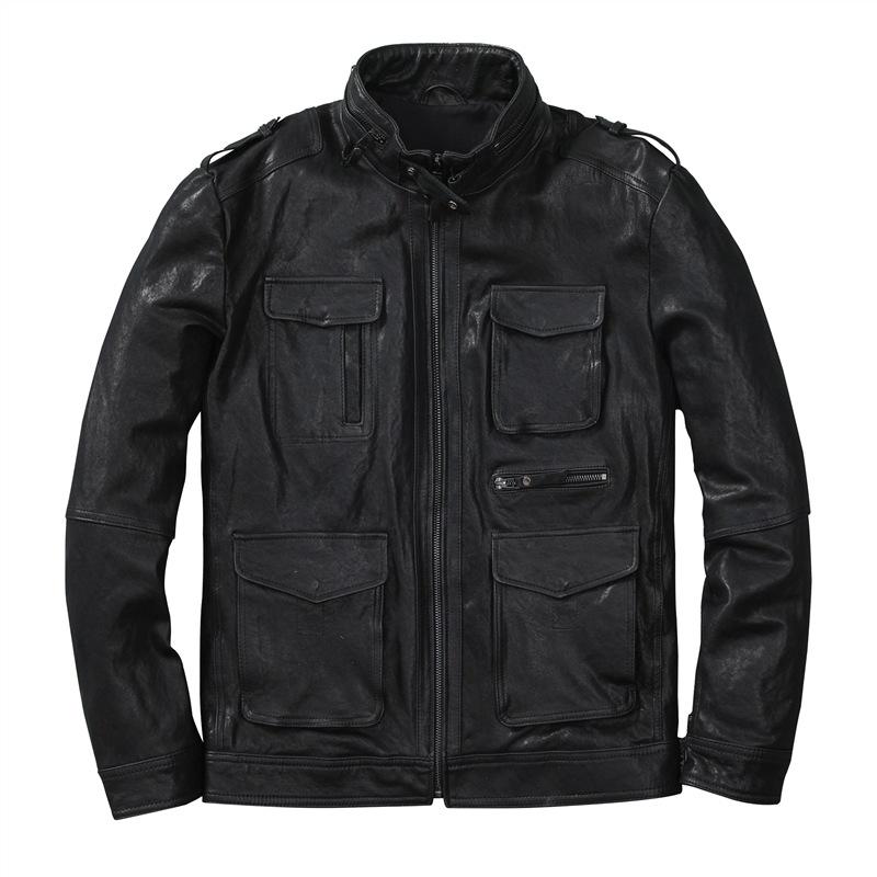 

Кожаная куртка для мужской из натуральной кожи короткая приталенная растительного дубления овчина мотоциклетная кожаная куртка рабочая куртка XXXXL чёрный