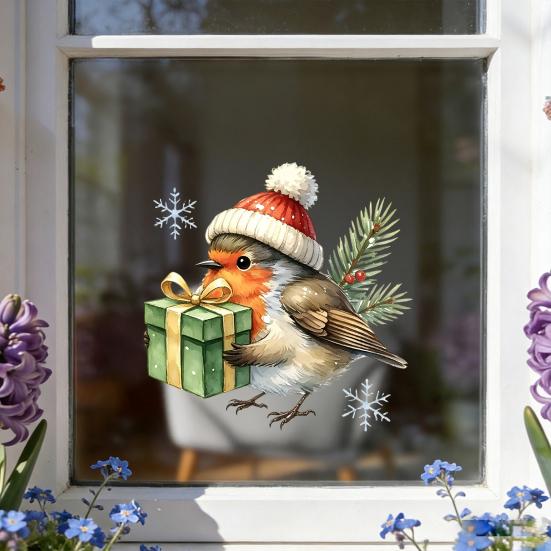 Window Clings for Glass Christmas Bird Static Clings, PVC Waterproof Decals with Santa Hat And Pattern Stickers Gift Box, Removable Holiday Home Door
