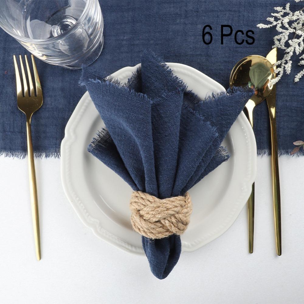 6PCS Rustic Style Burr Edge Cotton Napkin Tassel Design Gauze Tea Towel Wedding