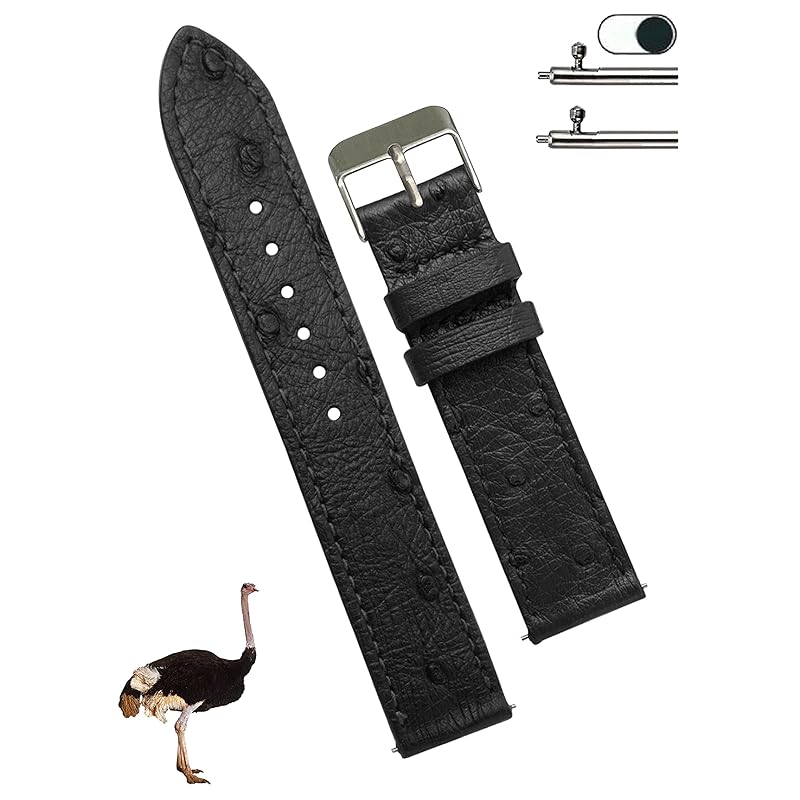 

[vinacreations] 18mm black ostrich leather watch strap flat thin belt quick spring bar genuine leather replacement watch band With wrist buckle quick