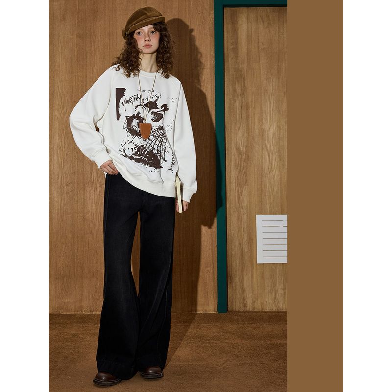 Coolhut High-Waisted Loose Slimming Straight-Leg Wide-Leg Fleece-Lined Curved Hem Floor-Length Winter Women's Jeans