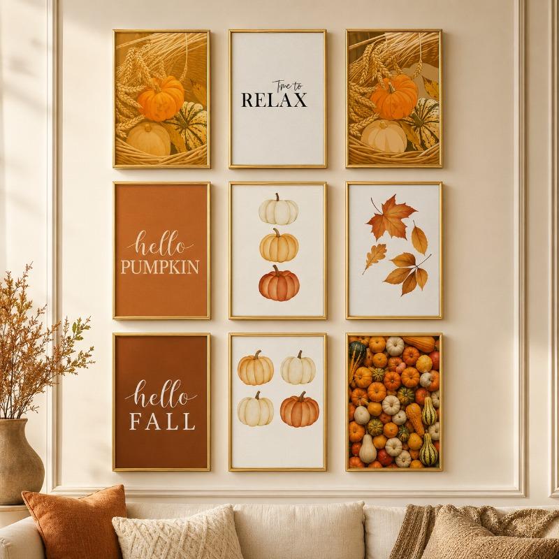 Terracotta Fall Pumpkin Canvas Gallery Wall Prints Autumn Maple Leaf Wheat Wall Art Farmhouse Thanksgiving Home Decor Gift