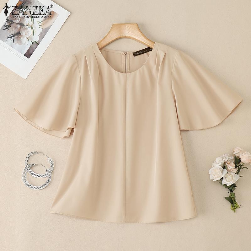 ZANZEA Women Summer Round Neck Solid Color Loose Half Sleeve Blouse