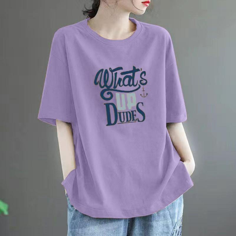 

Cotton Short-sleeved T-shirt Women s Summer Loose Large Size All-match Western Casual Printed Top Trend 3XL світло-фіолетового кольору