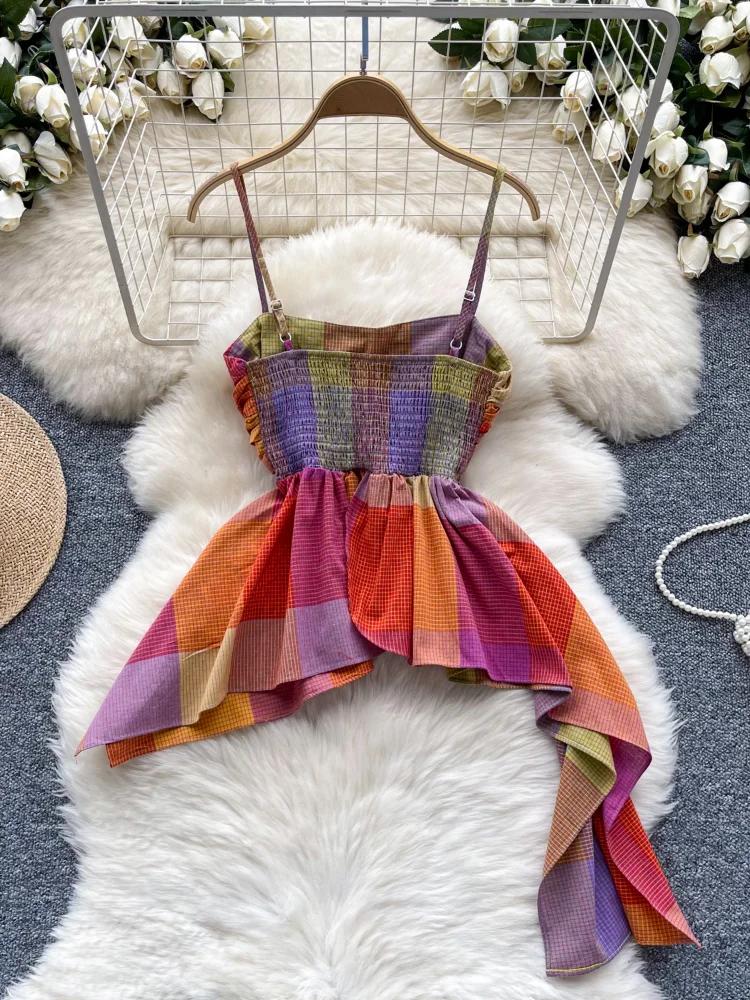 Summer American Retro Beach Vacation Vest Women Sling Slim Chic Colored Plaid Tops Female High Street Ruffled Edge Clothes New