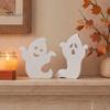 Modern Farmhouse Halloween Accents Cute Ghost Wooden Table Sign, Spooky White Standing Handmade Craft Block Sign for Holiday Tiered Tray Centerpiece,