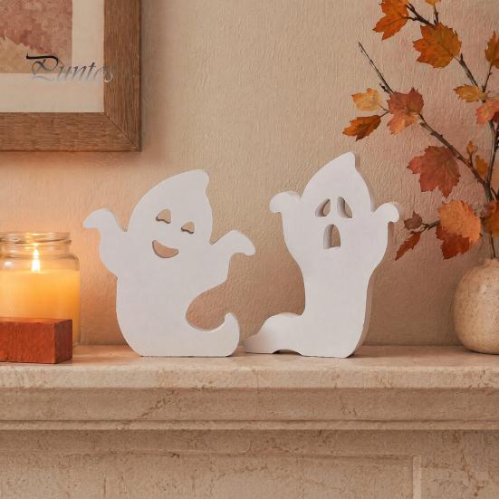 Modern Farmhouse Halloween Accents Cute Ghost Wooden Table Sign, Spooky White Standing Handmade Craft Block Sign for Holiday Tiered Tray Centerpiece,