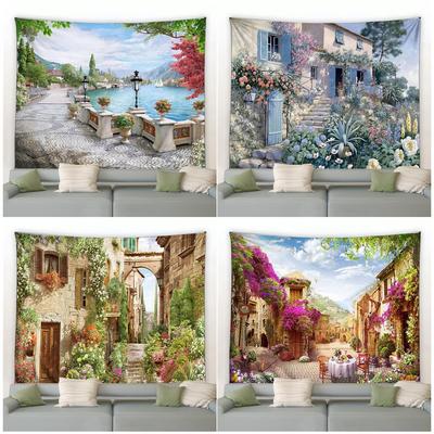 Retro Architecture Green Plant Home Garden Wall Hanging Spring Nature Landscape Tapestry Street Flower Tapestry