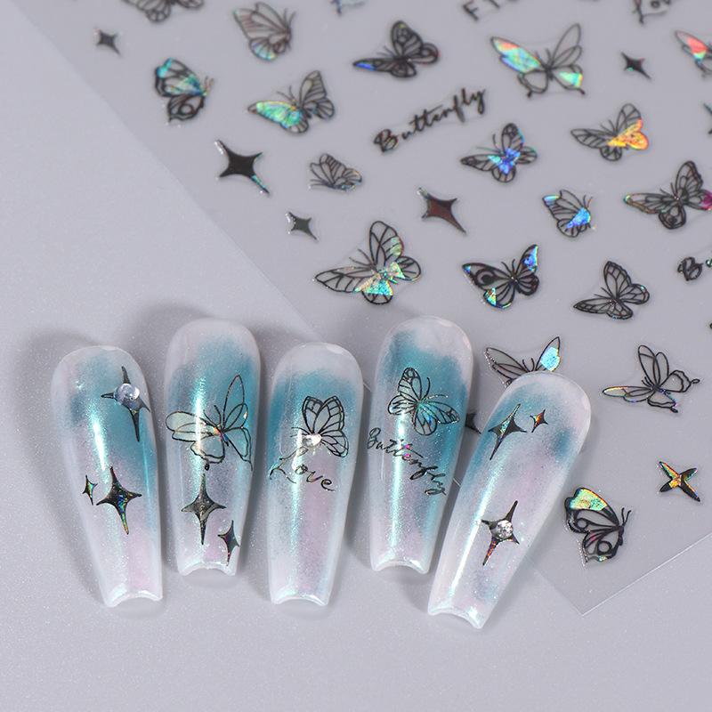 1PCS Black White Butterfly Laser Nail Stickers Nail Art Decoration Abstract Lines Bronzing Flowers Stickers For Nails