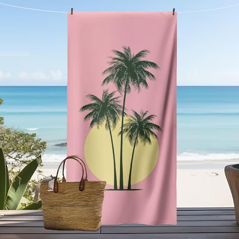 Retro Palm Tree Print Beach Towel Minimalist Tropical Sunset Silhouette Design Quick Dry Absorbent Sandproof Towel for Summer