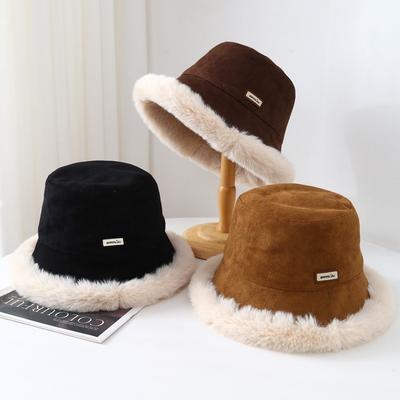 Nouveau Chapeau Seau en Daim Polaire à Pompons Automne Hiver Chapeau Bassin Thermique pour Femmes
