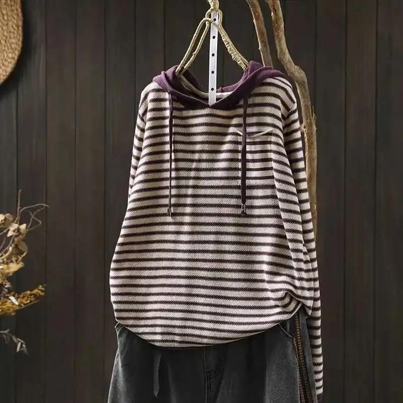 

Свитер для женщин Осень Зима Утепленный Пуловер Теплый Вязаный Полосатый С капюшоном Эластичный С длинным рукавом Оверсайз Джемпер Топы 3XL фиолетовый
