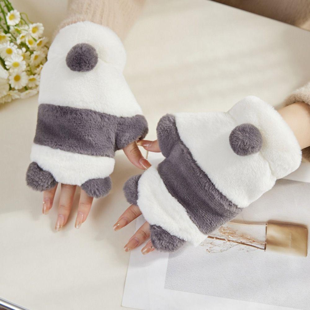 Half Finger Gloves Korean Style Winter Velvet Mittens Cute Panda Plush Gloves  Outdoor