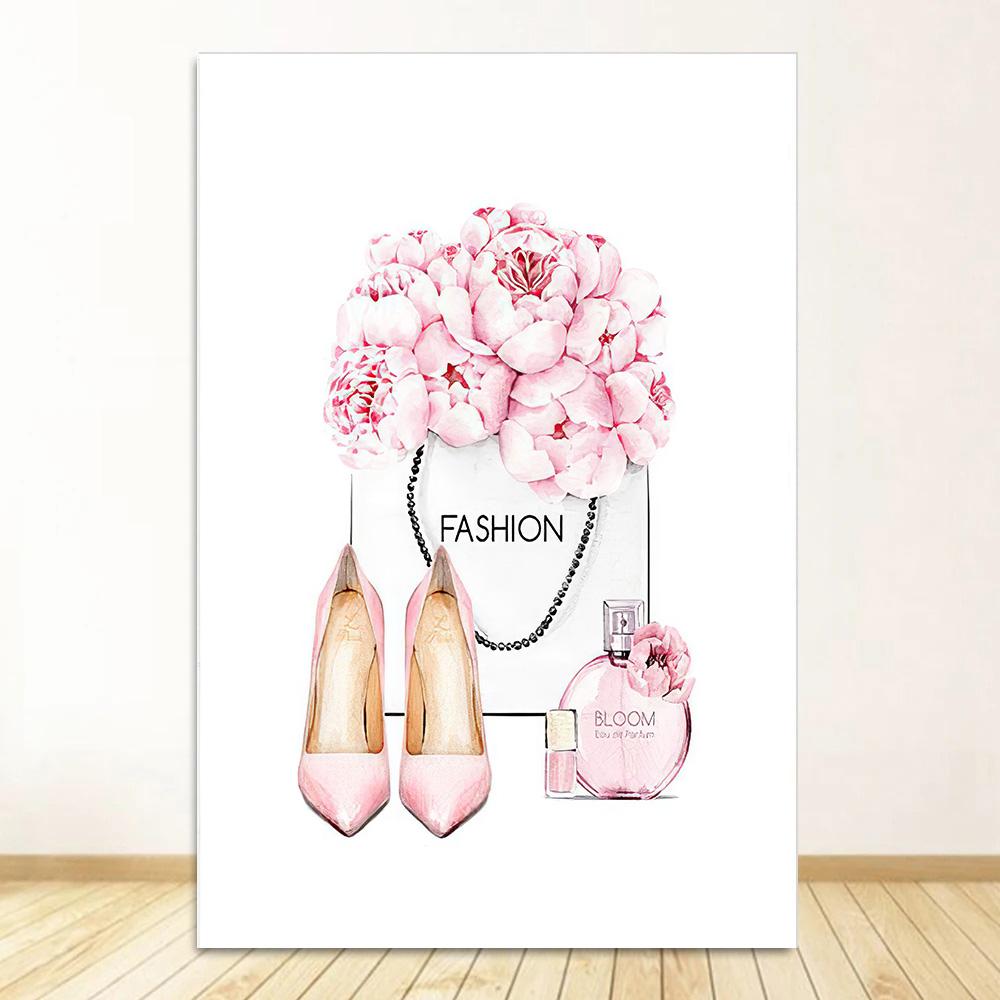 Fashion Girl Art Canvas Painting Perfume Bottle Heels Lipstick Handbag Nordic Posters And Prints Wall Pictures Room Decor