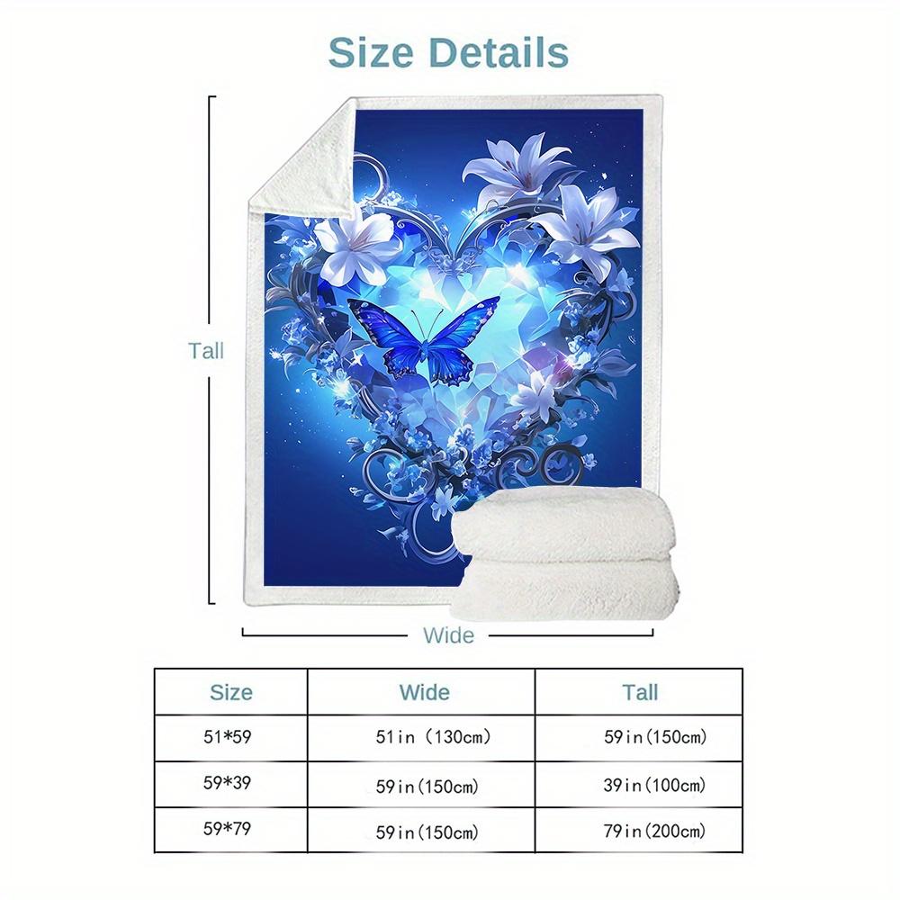 Cozy All-Season Blue Floral Flannel Fleece Throw Blanket - Soft Polyester Digital Print Comfort Blanket with Heart and Butterfly