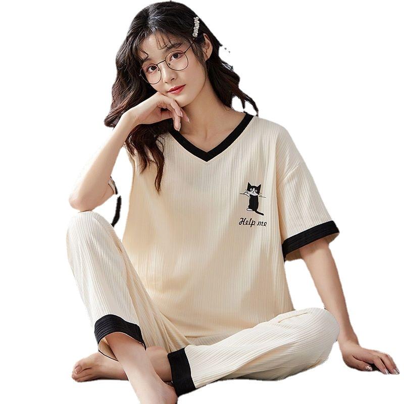 

Модный хлопковый женский комплект из двух предметов с короткими рукавами и длинными брюками на лето XXXL