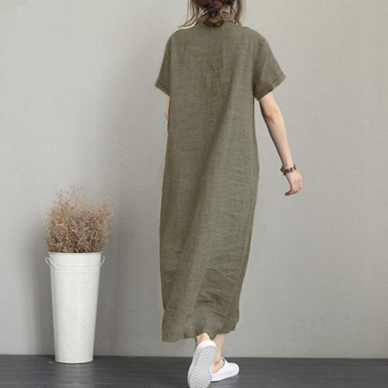 Shop Women Linen Collar Neck Short Sleeve Loose Fit Long Dress Won Wdr Wa65d82