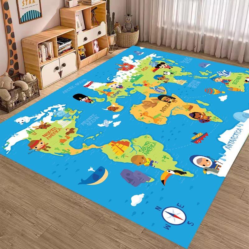 Cartoon Weltkarte Teppich Kinderzimmer Spielmatte Pädagogischer Geografie-Teppich Kinderspielbereich Heimdekoration Blaues Ozean-Thema