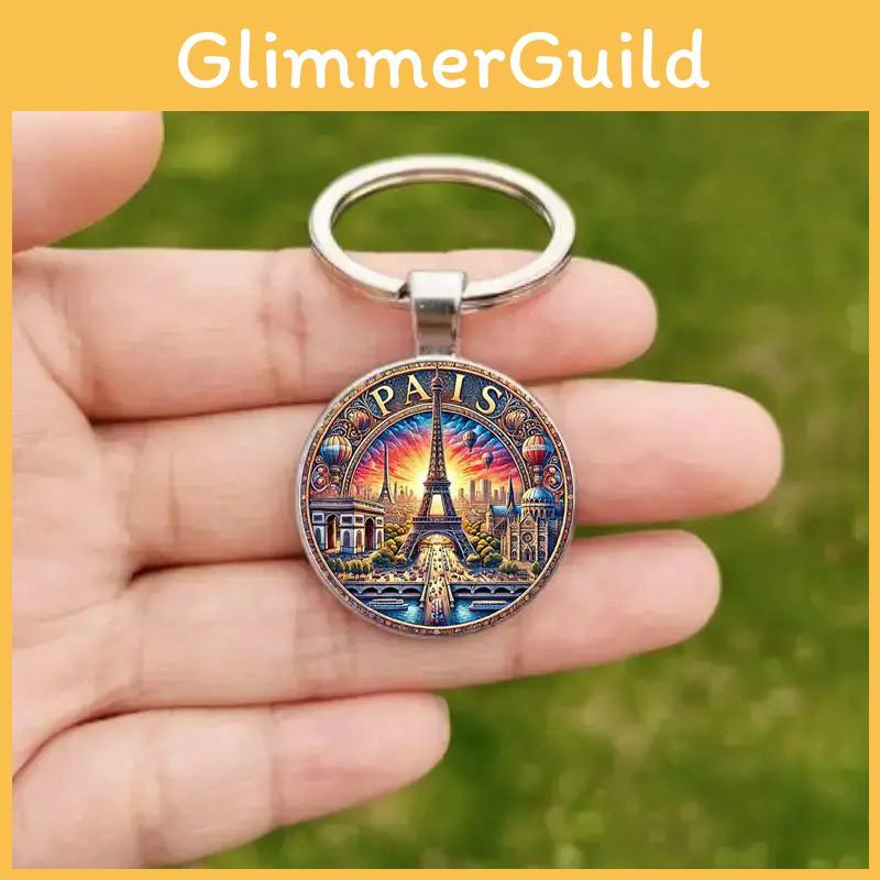 Paris Dusk Scene Keychain With Glass Alloy Pendant For Gift And Decor