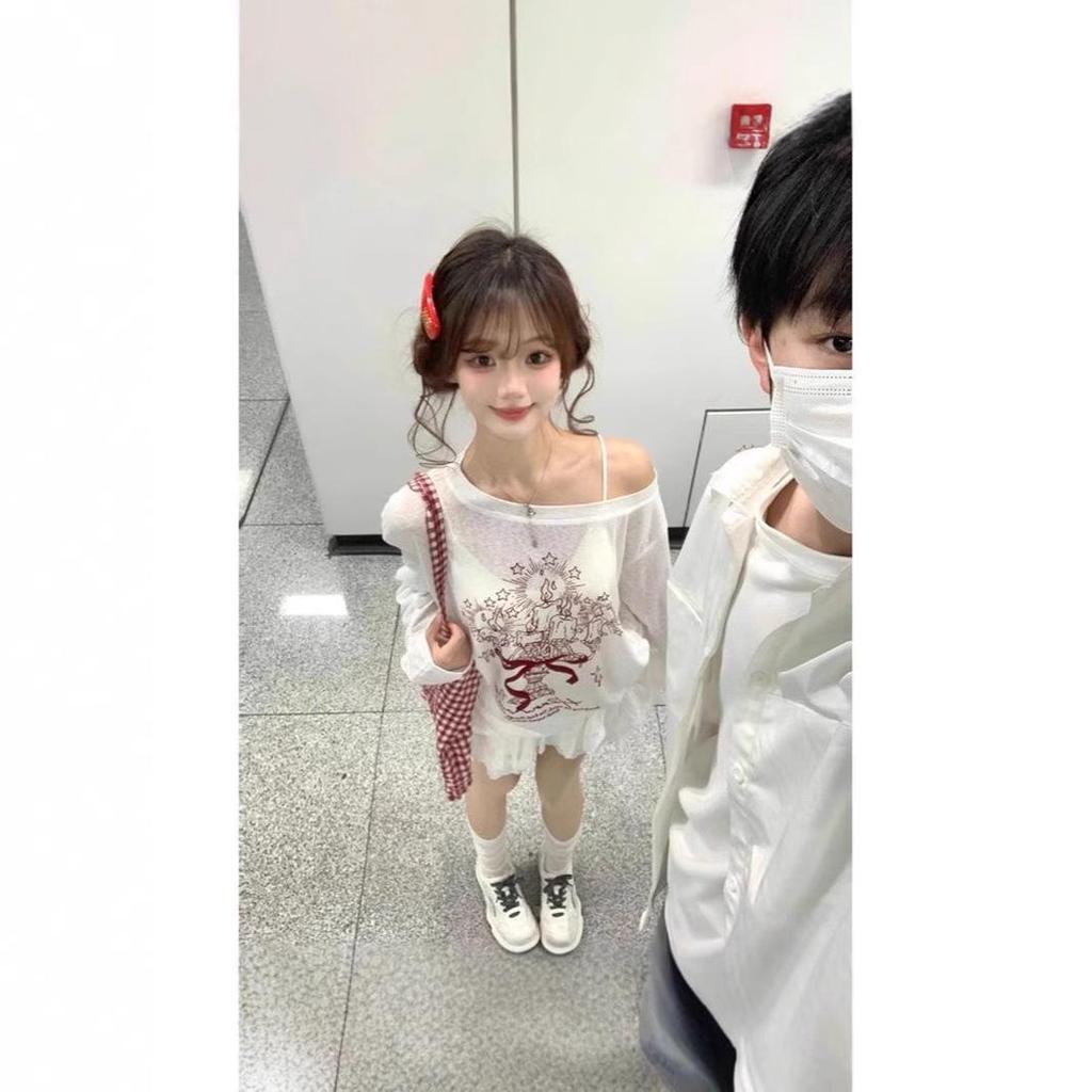 White Off-Shoulder Graffiti Print Long-Sleeve Blouse with Drawstring