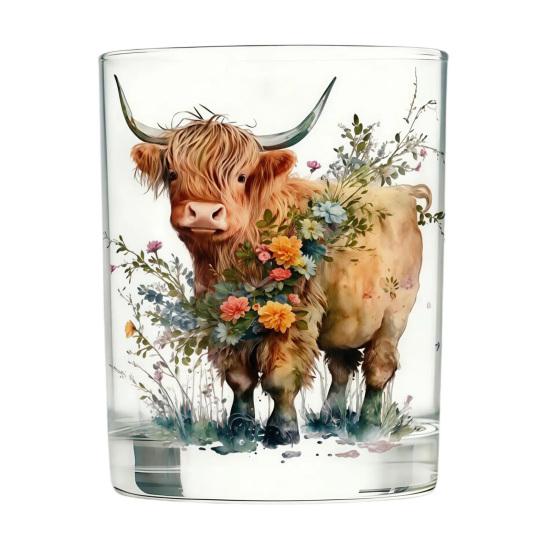 Bicchiere in Vetro Mucca delle Highlands, Bicchiere Termico Acquerello Floreale Dipinto a Mano, Tazza Trasparente per Latte Caffè Whiskey, Regalo per Amanti degli Animali