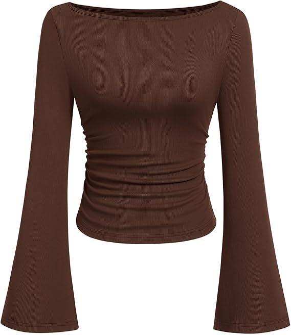 2026 Autumn Women s Solid Color Boat Neck Bell Sleeve Slim Fit Ruched Long Sleeve Top S