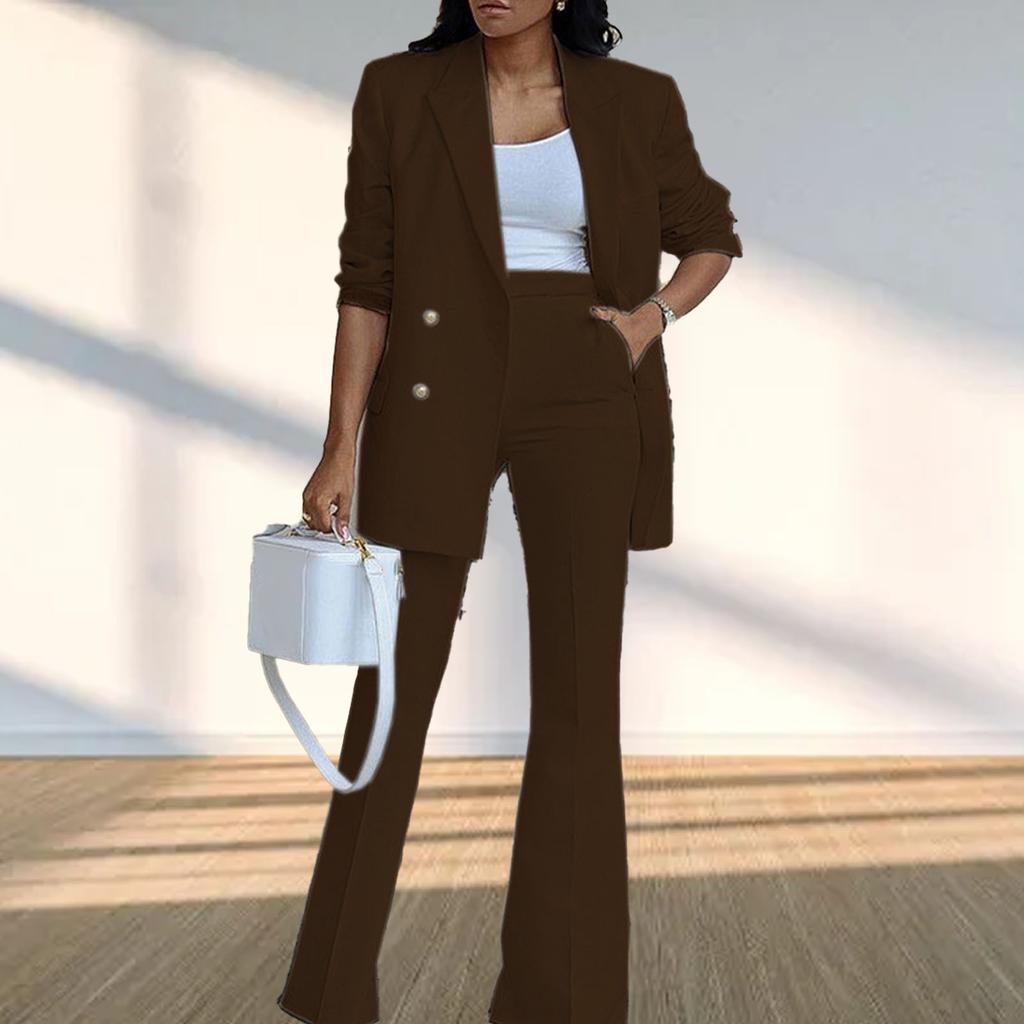 Women 2 Pieces Suit Plain Color Wide Leg Trousers Turn Down Collar 2 Pieces Long Pants Suit for
