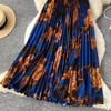 Spring Summer Women Elegant Vintage Print Elastic Waist Long Maxi Pleated Skirt Only Have One Size