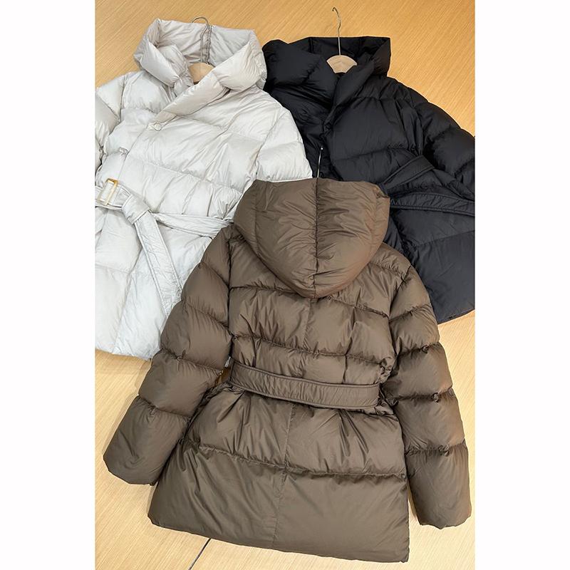 Winter Hooded Women's Down Jackets Warm Casual Lace Up Coat Puffer Jacket Belt Elegant Parka Overcoat