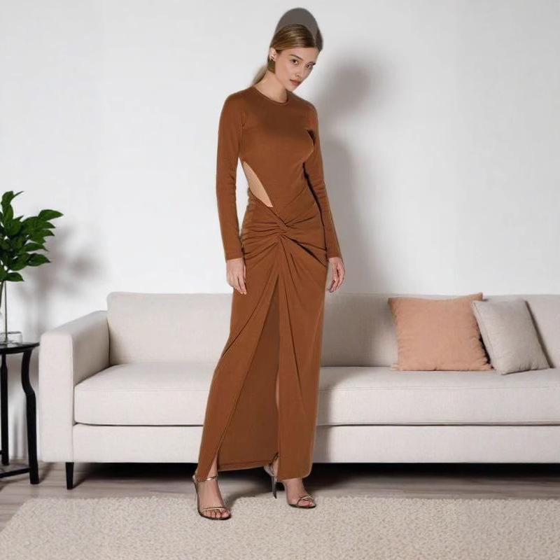 2025 Summer Elegant European & American Women's Round Neck Slit Pleated Long Sleeve Waist-cinching Dress