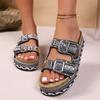 Women's Wide Width Bohemian Slides, Rhinestone Jute Platform Sandals, Ethnic Beach Slippers for Women