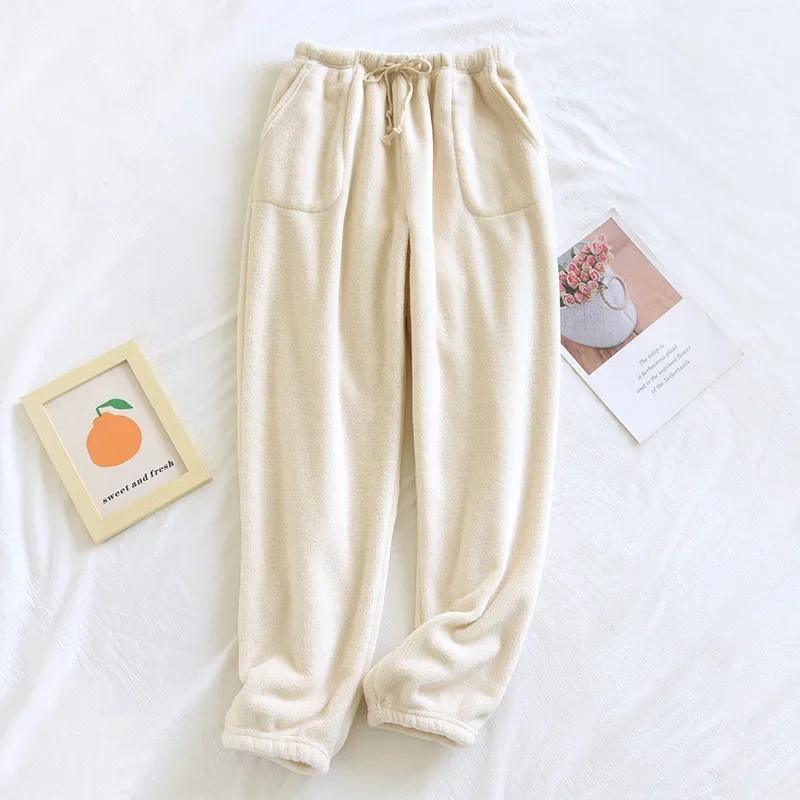 Couple Flannel Plush Thickened Pajamas Long Trouser Women's Home Pants Coral Velvet Trousers for Autumn and Winter Warm Pants