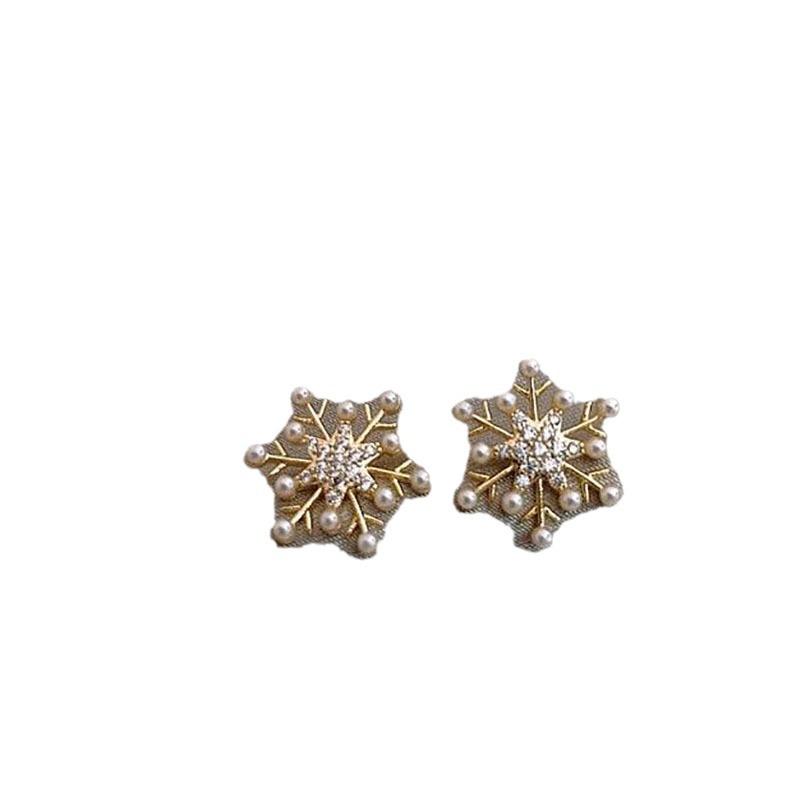 Korean Style S925 Sterling Silver Snowflake Diamond Pearl Stud Earrings for Women