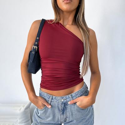 Women's Solid Color Single Shoulder Backless Pleated Vest Top T-shirt for Women Shirt