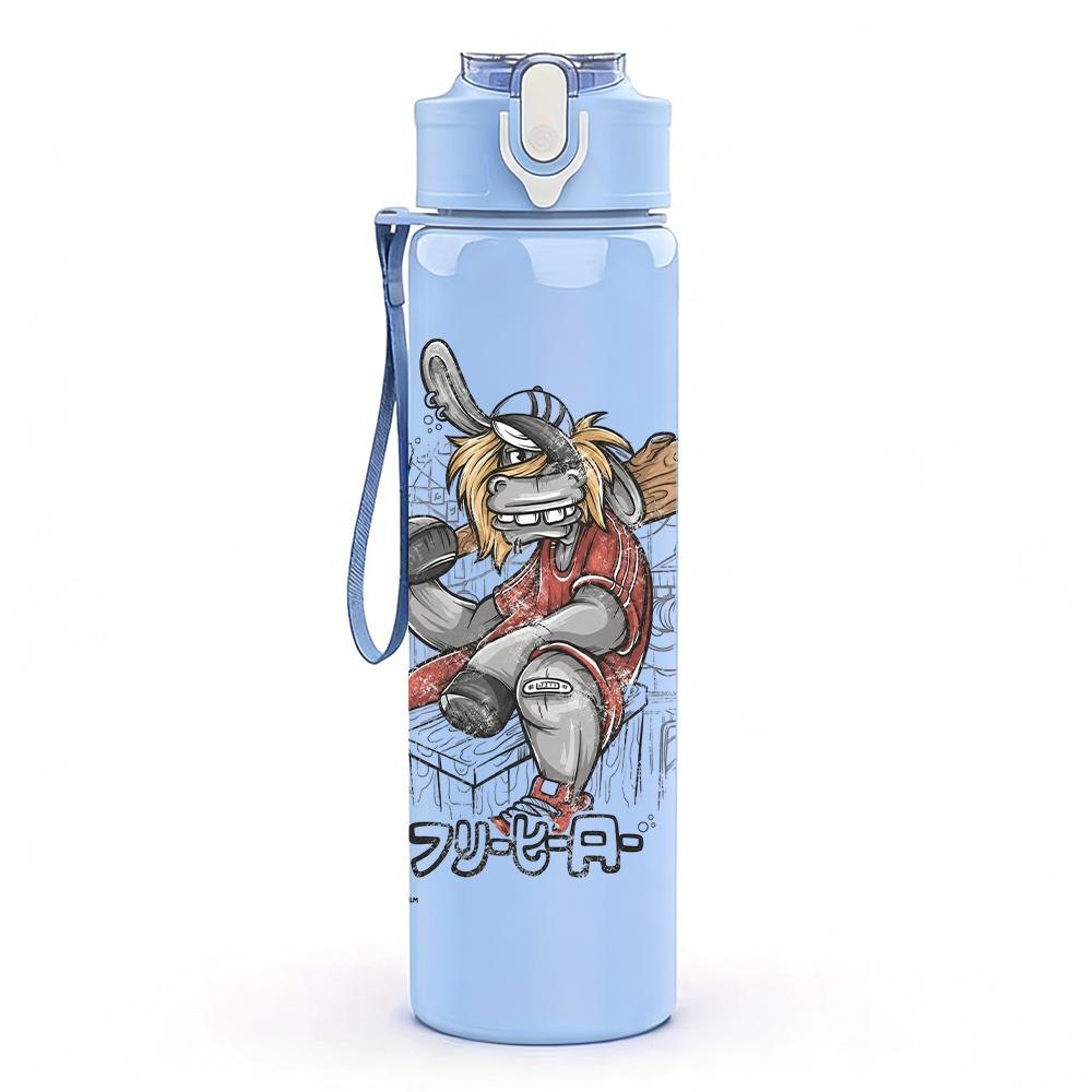 1PC Colorful warrior character graphic print 750ml colorful plastic sports water bottle leakproof pop lid with straw for outdoor office home use
