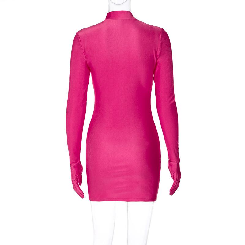 Solid langermet minikjole med hansker Bodycon Sexy Streetwear Party Halvhøy hals Antrekk Y2K Klær Engros