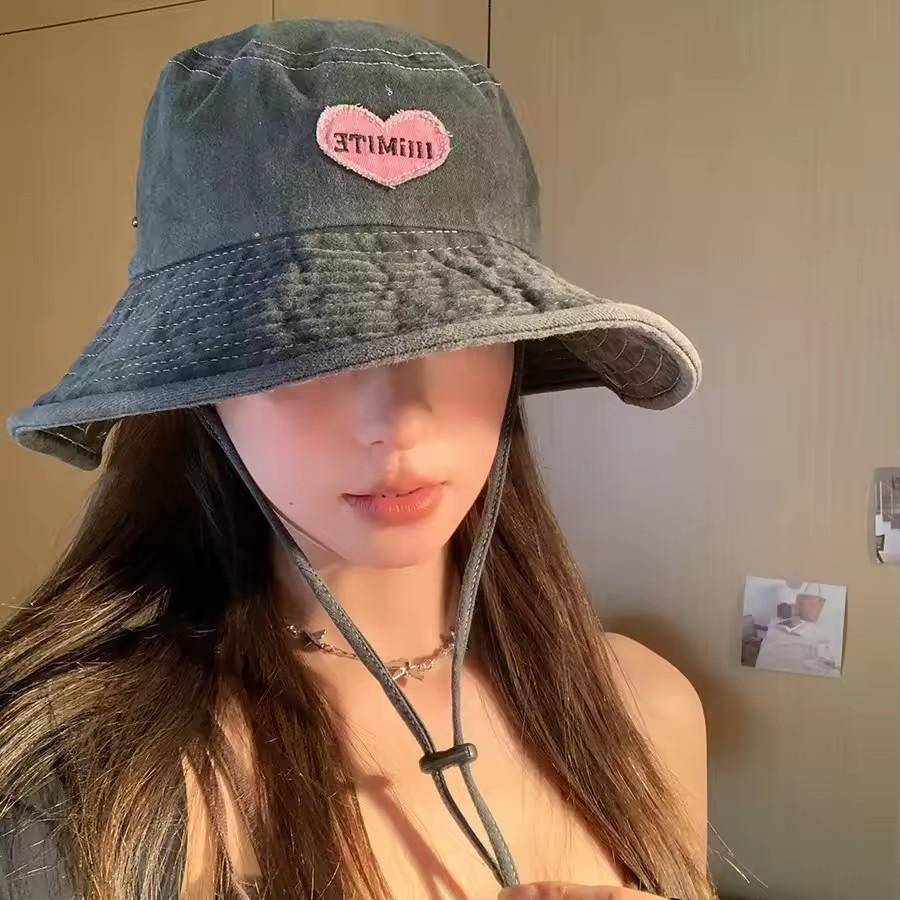 Japanese Retro Washed Cowboy Hats for Women Spring Summer Outdoor Camping Sun Protection Sweet Pink Love Bucket Caps