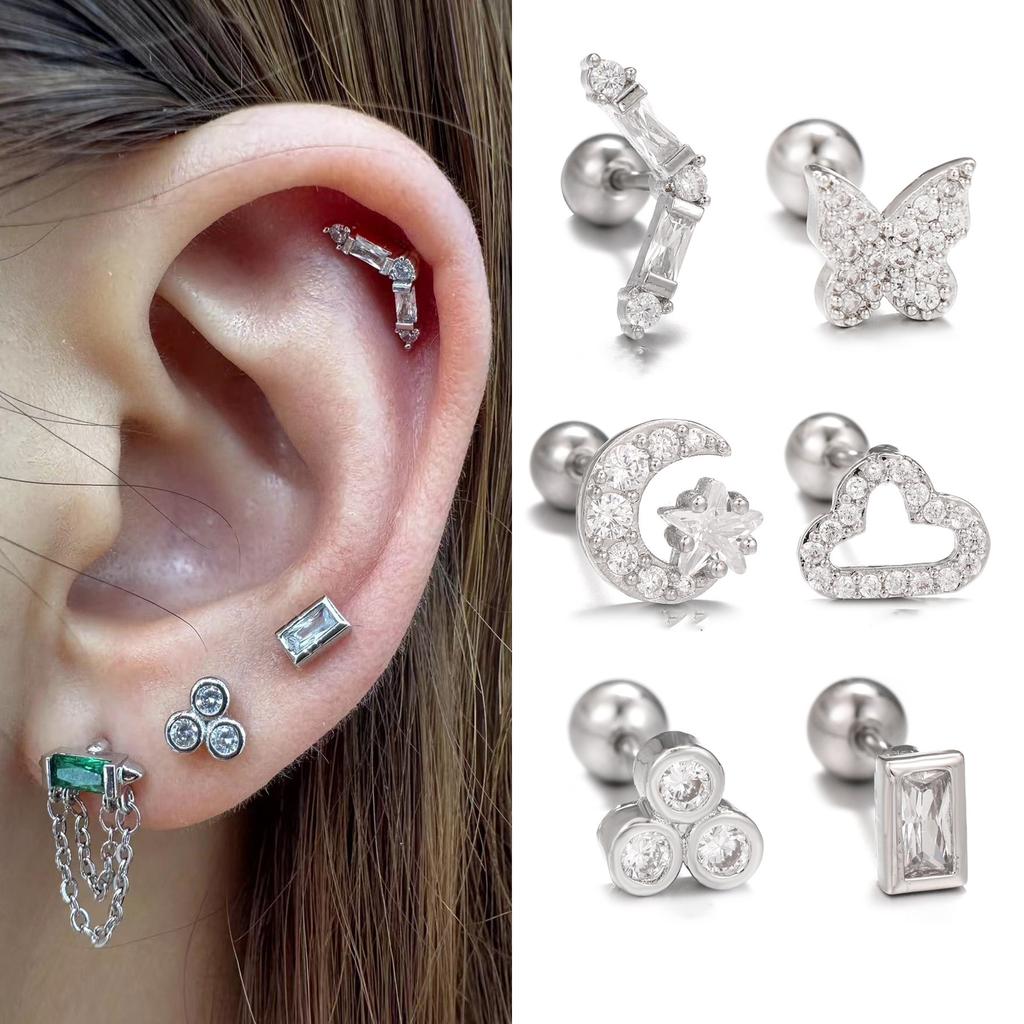 Novo aço inoxidável zircão nuvem lua brincos para mulheres helix tragus cartilagem estrela borboleta brinco piercing jóias 1pc