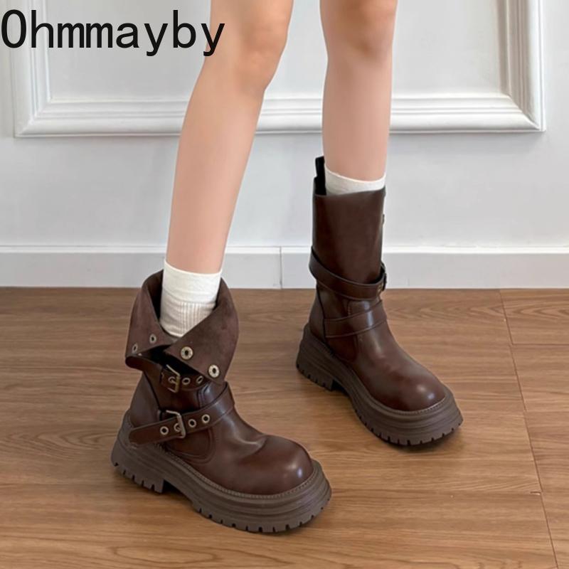 Herbst Winter Gürtelschnalle Damen Ritterstiefel Mode Slipper Vintage Plateau Quadratische Absätze Damen Mid Calf Stiefeletten