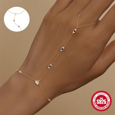Bracciale in Argento Sterling 925 Occhio di Bue Zirconi Blu/Bianchi Con Design a Mano per Donne Braccialetto a Catena per Mano Gioielli da Festa