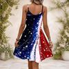 Women Plus Size V Neck Strappy Sleeveless Star Printed Red Blue White Gathered Waist Flared Dress