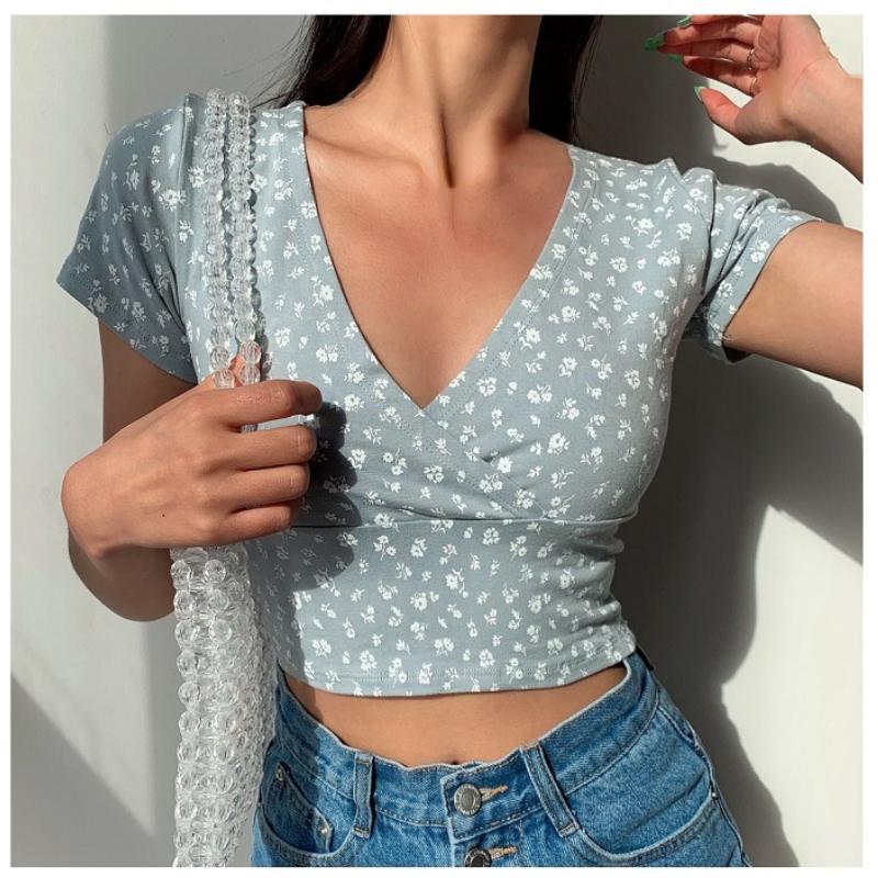 Letní francouzské retro květinové tričko s krátkým rukávem a výstřihem do V Tenké zeštíhlující divoké tričko s vysokým pasem dámské top