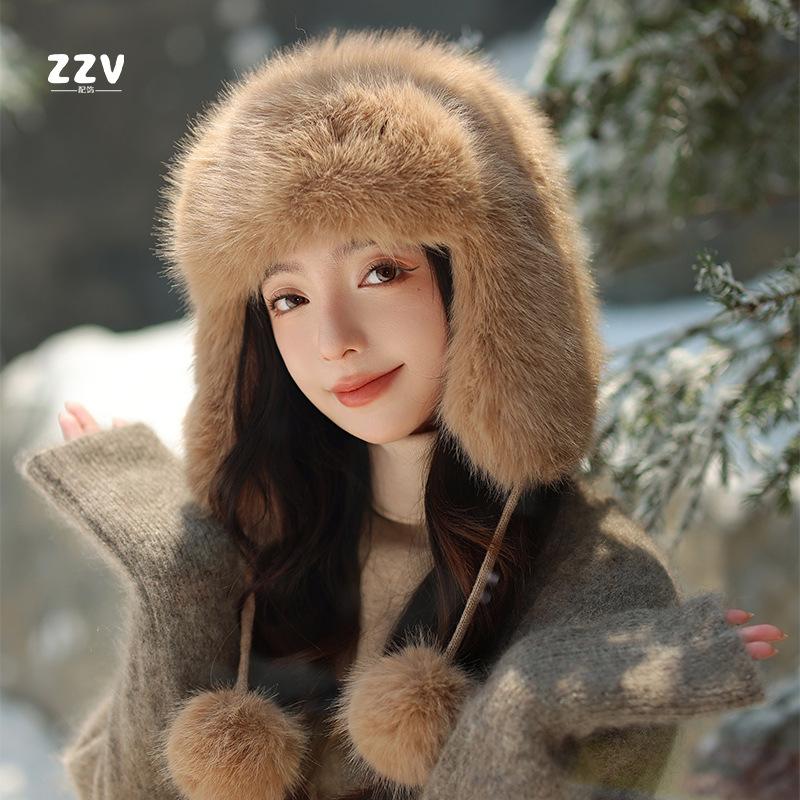 Hat Women's Winter 2025 New Cold and Warm Versatile Plush Cap White Thickened Fluffy Ear Cap