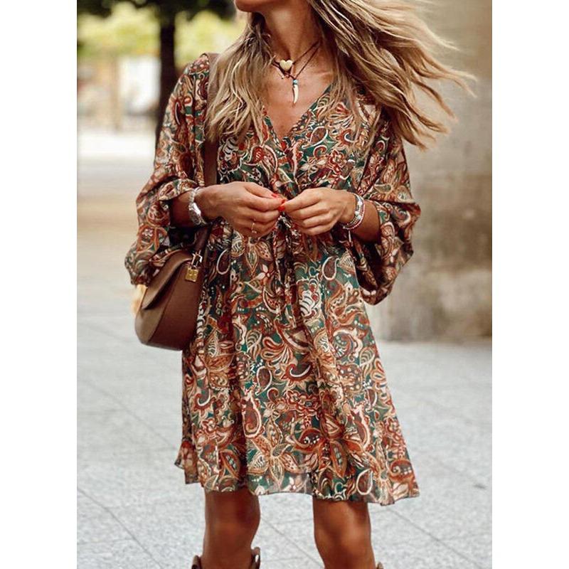 Summer Mid-waist Pullover Midi Skirt Short-sleeved Printed Loose Dresses