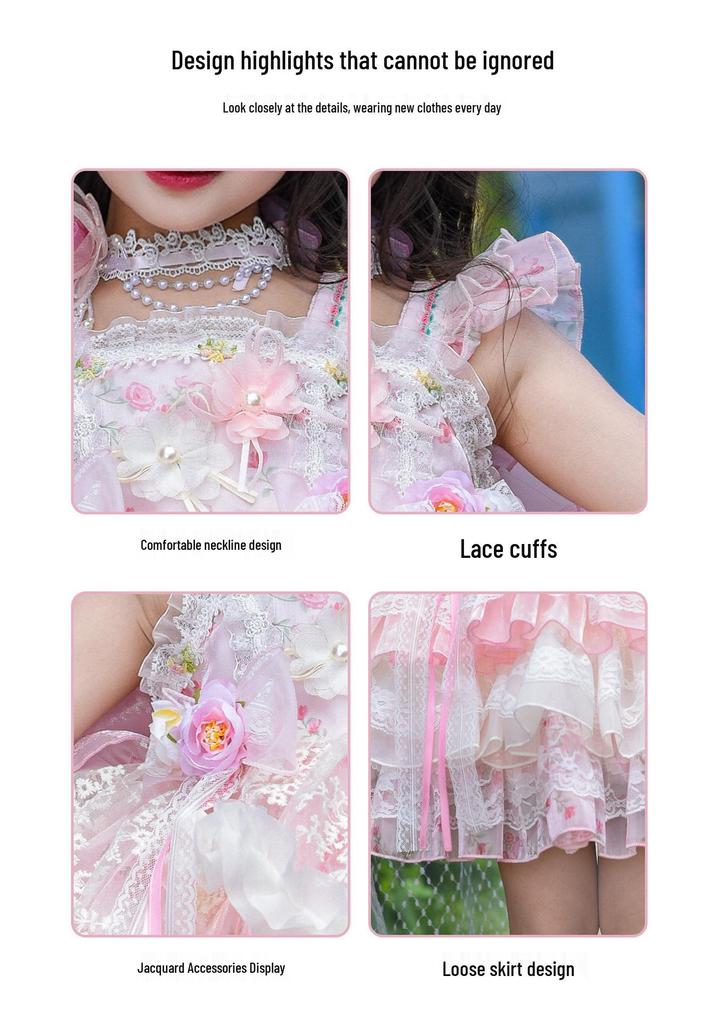 Girls' Pink Lolita Princess Dress - Summer Floral Birthday Gown
