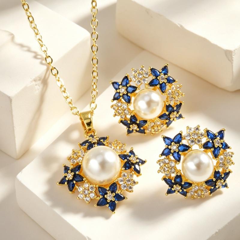 French vintage blue floral inlaid high-end jewelry set bridal dress accessories gold of them