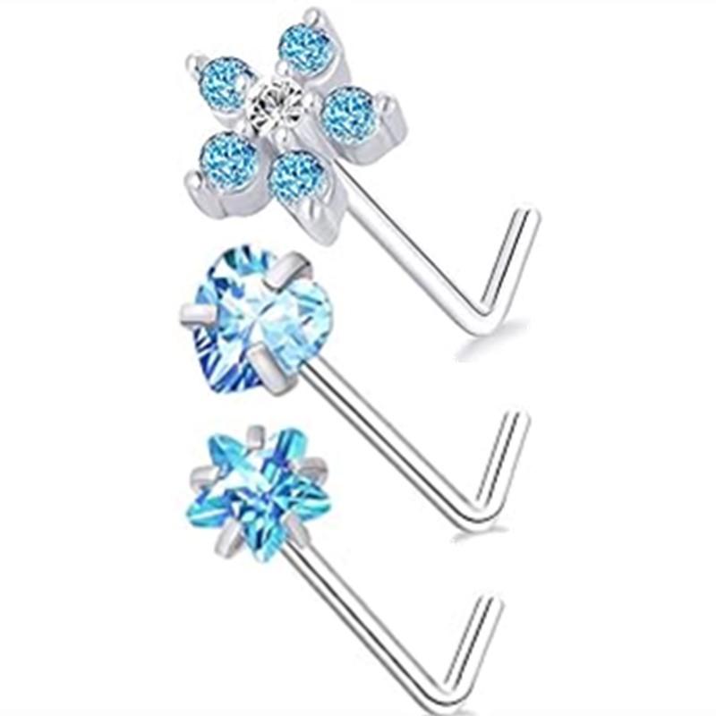3PC Stainless Steel Flower Nose Piercing Stud Set L Shape Pink Nose Ring Studs Pack Indian Nose Jewelry Bulk Piercing Nariz Lote