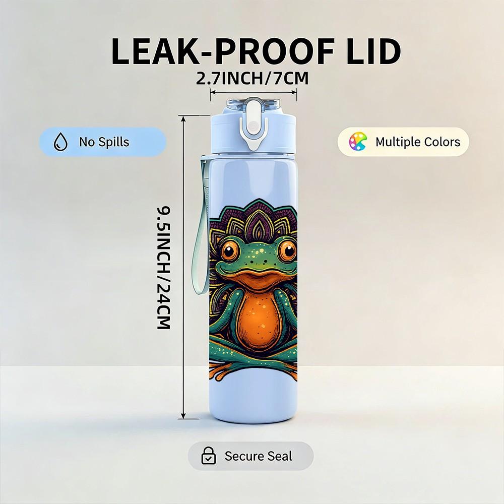 1 Stück Frosch auf Lotos-Kunstdruck 750ml Farbige Kunststoff-Sportwasserflasche Auslaufsicherer Klappdeckel mit Strohhalm Geeignet für Sport, Büro, Zuhause