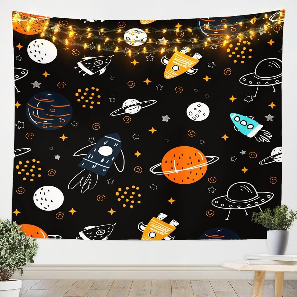 Kids Cartoon Space Tapestry,Galaxy Outer Space Themed Tapestry Wall Hanging,Boys Girls Bedroom Room Decor,Space Rocket Planets